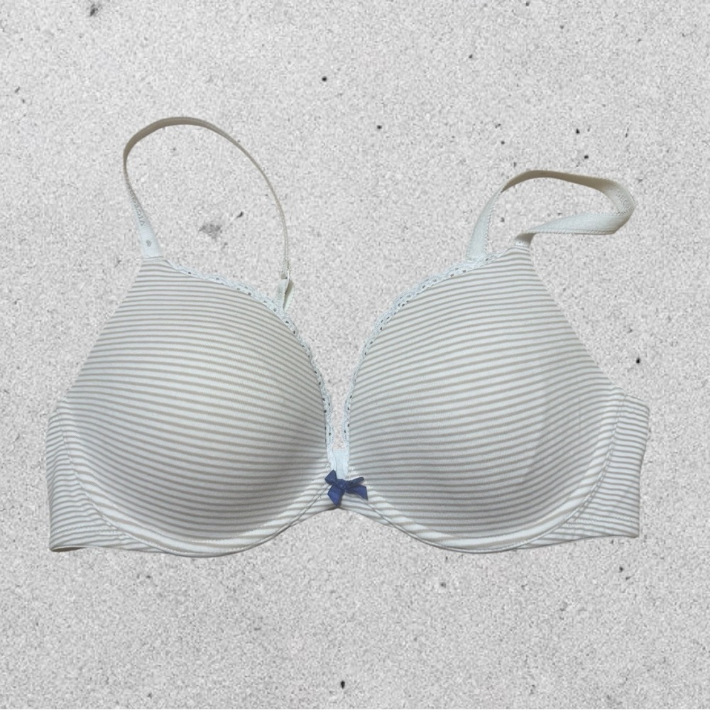VICTORIA SECRET PUSH UP BRA TAN/WHITE STRIPED SIZE 36C RARE